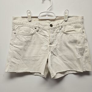 AllSaints Jean Denim Shorts Womens sz 27 Cream Distressed Raw Hem 4" Inseam EUC